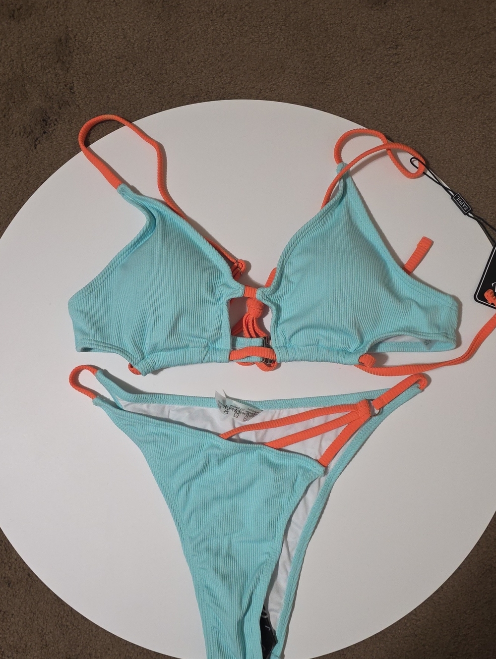Zaful Aqua and Coral Ribbed Triangle Bikini